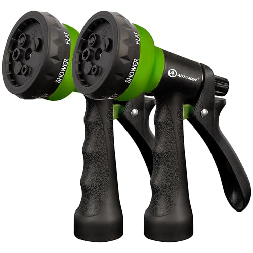 AUTOMAN-Garden-Hose-Nozzle, 2 Pack ABS Water Spray Nozzle with Heavy Duty 7 Adjustable Watering Patterns,Slip Resistant for Watering Plants,Lawn& Garden,Washing Cars,Cleaning,Showering Pets - Green - color: Green ×2