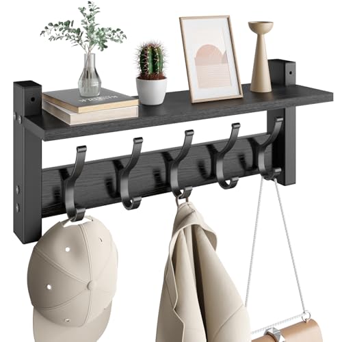 Optish Coat Rack Wall Mount with Shelf, 17.1 Inch Coat Hanger Walls Mounted, Hat Rack for Walls, Shelf with 5 Coat Hooks, Wall Hanger for Entryway (Black) - color: Black, size: 17.1 Inch