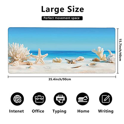 Seashells on Tropical Beach Extended Gaming Mouse Pad Large Desk Mat with Non-Slip Rubber Base and Stitched Edges,Keyboard Mouse Mat Desk Pad for Work,Game,Office,Home 35.4 * 15.7 Inch