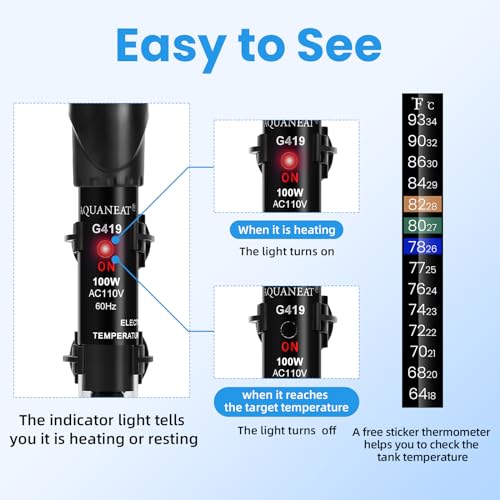 AQUANEAT Aquarium Heater, 100W Fish Tank Heater, Adjustable Submersible Water Thermostat with Thermometer - size: 100W