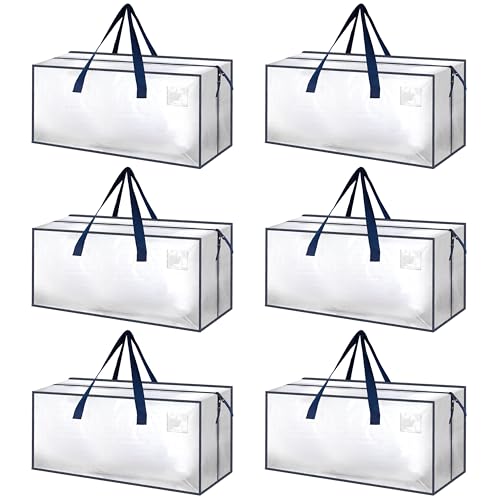 HealSmart 6 Pack Extra Large Moving Bags with Zippers & Carrying Handles, Heavy-Duty Storage Tote Moving Boxes for Dorm Room Essentials Storage Bags, Clear - color: Clear, size: 6-Pack New, style: Backpack Straps