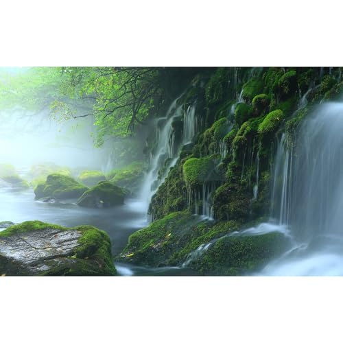 Cascading Waterfall Aquarium Background Majestic Tranquil Stream Mossy Rocks Fish Tank Background Scenic Foggy Misty Forest Scene Terrarium Backgrounds Natural Falls Reptile Tank Backgrounds 48x24in - color: Foggy Green, size: 48(W)x24(H)in