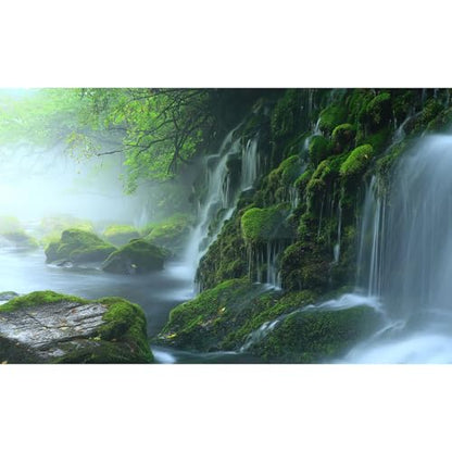 Cascading Waterfall Aquarium Background Majestic Tranquil Stream Mossy Rocks Fish Tank Background Scenic Foggy Misty Forest Scene Terrarium Backgrounds Natural Falls Reptile Tank Backgrounds 24x16in - color: Foggy Green, size: 24(W)x16(H)in