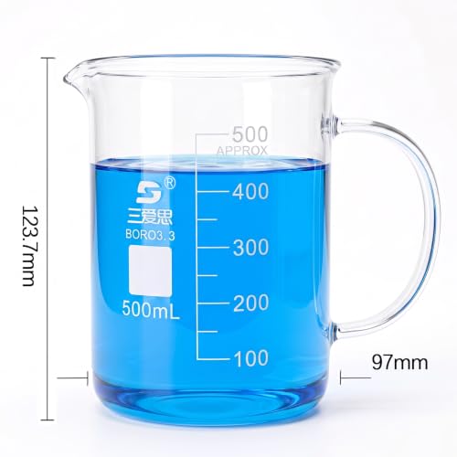 TISMART Glass Beaker with Handle, 1PCS Measuring Cup, BORO 3.3 Corrosion-resistant, for Anti-oxidation, Heat for Lab, Teaching, Craft, Cooking, DIY, Liquid, Science (500ml/16.91oz)
