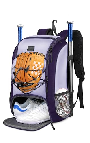 MATEIN Youth Baseball Backpack, Softball Bat Bag with Shoes Compartment | Lightweight Baseball Bag for Boys and Adult, Fence Hook Hold TBall Bat, Batting Mitten, Helmet, Caps, Teeball Gear Equipment - color: Purple, size: 29L