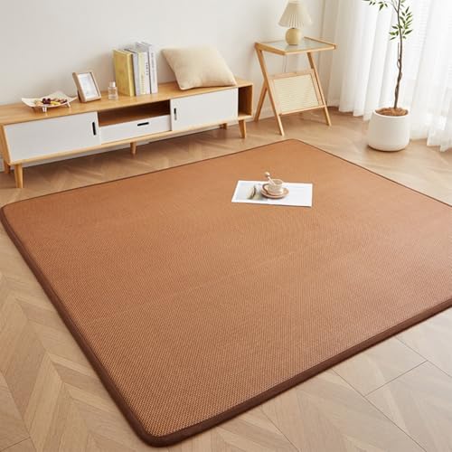 Woven Rattan Floor Mat, Tea Brown Geometric Japanese Floor Mattress with Soft Sponge Cushion & Non-Slip Dots, Breathable Summer Carpet for Home(Hazel,150 * 200cm) - color: Hazel, size: 6'7" x 4'11" (Bear)