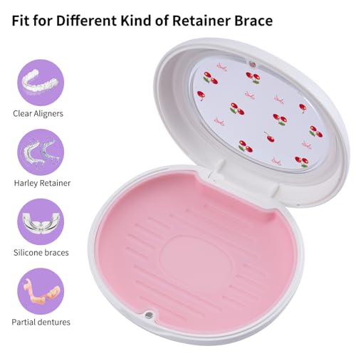 Kawaii Cherry Printed Retainer Case with Silicone Pad, Portable Slim Aligner Case Orthodontic Retainer Box, Denture Storage Container Travel Mouth Guard - color: Kawaii Cherry