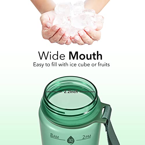 Hyeta Plastic Water Bottle With Straw & Time Marker, 32oz Leakproof Jug - color: Forest