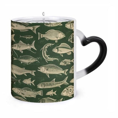 Retro Fish Color Changing Mug Heat Sensitive Coffee Mug Magical Ceramic Coffee Cup Personalized Tea Cup Message Appears As It Heats Novelty Gift for Family Friend