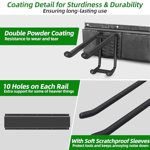 Garage Wall Organizer, 96 in Garden Tool Organizer with 12 Adjustable Hooks | 720 LBS Load, Wear & Tear Resistant, Soft Anti-Scratch Hook Sleeves, 3 Extra Storage Straps, For Garden Lawn & Shed Tools - size: 96 inch 12-Hook