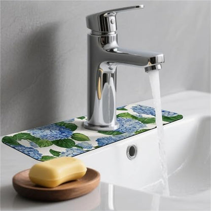 Kitchen Sink Splash Guard，Blue hydrangea-1 Faucet Mat Sink Gadgets-Super Absorbent Fast Drying Mat Drip Catcher for Kitchen, Bathroom,Sink Mat, Dish Drying Mat, Bathroom(15" X 5.5" ) - color: Blue hydrangea-1