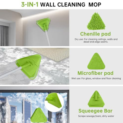 Wall & Baseboard Cleaner Mop Tool with 82'' Long Handle, 360 Degree Rotating 3-in-1 Ceiling Cleaning Tool Duster for Cleaning Painted Walls, Window, Floor, 6 Replacement Microfiber Chenille Pads