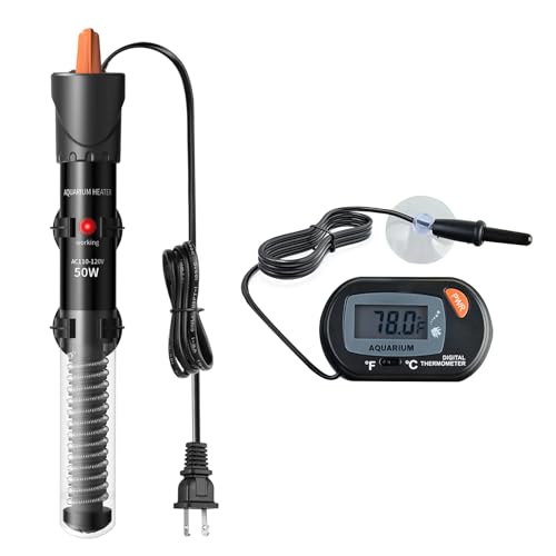Aquarium Heater 25W/50W/100W/200W/300W, Adjustable Knob Fish Tank Heater with Digital Thermometer, Submersible Betta/Turtle Tank Heater for Freshwater and Saltwater Tanks - size: 50W for 5-10 gallon