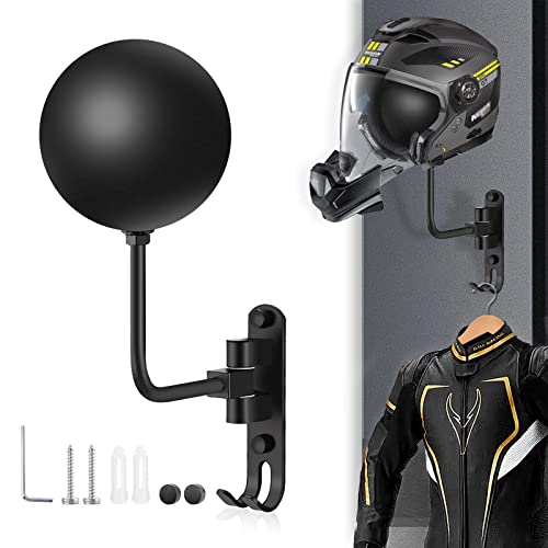Kikerike Motorcycle Helmet Rack Wall Mount 180 Degree Rotation Metal Bike Helmet Holder Mount Bicycle Helmet Display Hanger Stand with 2 Hooks for Motorcycle Bike Baseball Rugby Helmet - Black, 1 Pcs - color: Black(1PCS)
