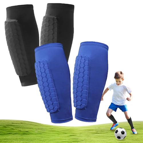 2 Pairs Soccer Shin Guards for Kids Youth Adult with Honeycomb Pads - color: Black+Blue, size: Small