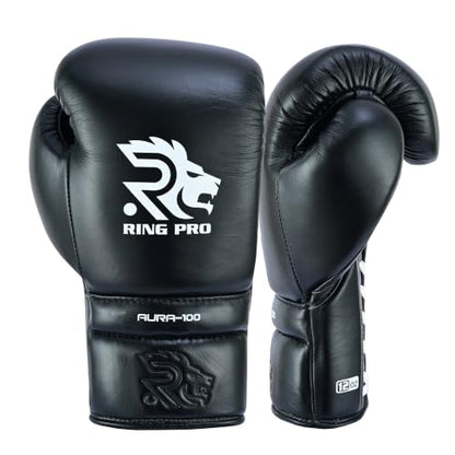 Aura 100 Full Grain Leather Lace Up Boxing Gloves for Men & Women – Professional Training, Sparring, Competition, Muay Thai, Kickboxing & Heavy Bag Gloves - color: Black, size: 10 OZ