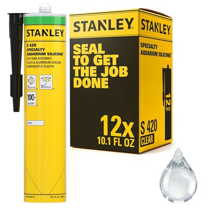 Stanley Waterproof Aquarium Silicone - 12x10.1 Fl. Oz. Clear, Waterproof Bond to Glass, Non-Toxic Aquarium Sealer for Freshwater & Saltwater Aquarium | 12 Pack.