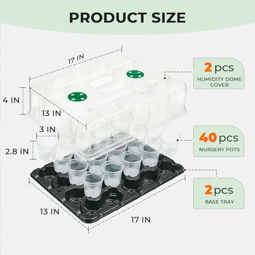 3 Inch Seed Starter Trays 2 Pack with Humidity Dome, 20-Cell Seedling Starter Trays,Plant Starter Germination Trays for Pot Seedlings for Indoor Outdoor with 40 Pcs 3" Nursery Pots - size: 3 Inch, style: 2 Pack Tray+Nursery Pots+Humidity Dome