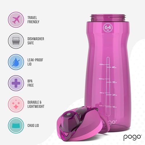 Pogo 64oz Plastic Water Bottle with Chug Lid and Carry Loop, Fuchsia - color: Fuchsia, size: 64 Ounces