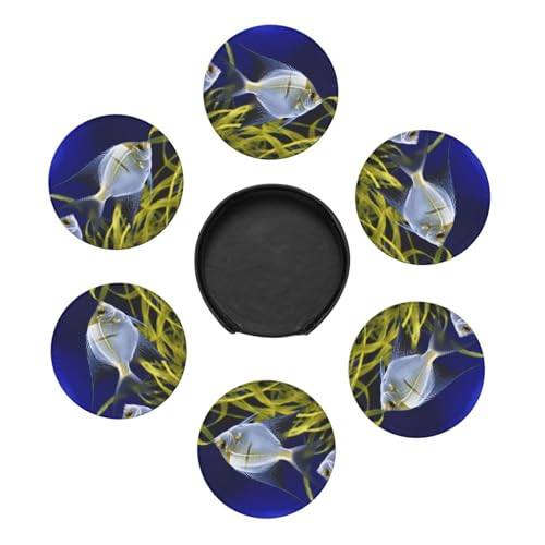Cup Coaster Set for Home Decor Tabletop Protection Cup Mat PadRound Coasters for Drinks Set of 6 PU Leather Aquarium AngelfishCoasters with Holder 4" Drink Coasters for Coffee Table