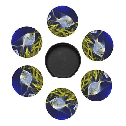 Cup Coaster Set for Home Decor Tabletop Protection Cup Mat PadRound Coasters for Drinks Set of 6 PU Leather Aquarium AngelfishCoasters with Holder 4" Drink Coasters for Coffee Table