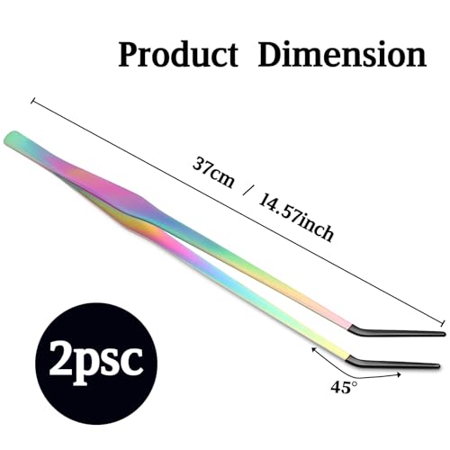 OLIISS Reptile Feeding Tongs with Rubber Tip - 15" Extra Long Tweezers for Aquariums & Crafts - Stainless Steel Feeder Tools for Bearded Dragons & Lizards - Terrarium Tank Supplies - 2 Pack