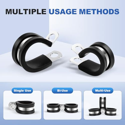 20 pcs 1/4 Inch Stainless Steel Cable Clamps Insulated Clips | Rubber Coated Cushioned, Conduit Clamp, Metal, for Hose Tube Pipe Wire Line Installation