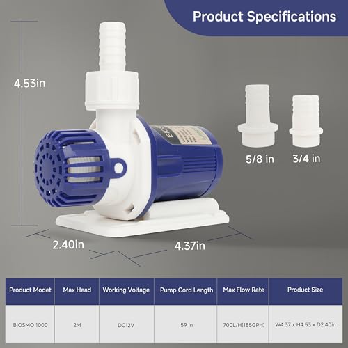 BIOSMO 1000 DC Sine Wave Water Pump Return Pump 1000L/H(264GPH) High Performance Aquarium Cleaning Ultra Quiet Operation 3-9W 3 Modes Control Ideal for 25-53 Gallon Fish Tanks, Ponds, Fountains