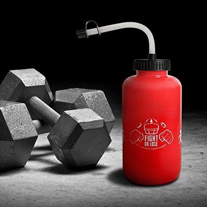Hockey Water Bottles with Long Straw, Fit for Football Lacrosse Gym Sport, Plastic Squeezable Leakproof BPA Free, No Strange Smell, Easy to Clean, 1 Liter 32 oz (3 Straw Caps) (red) - color: red