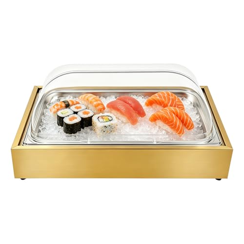 Countertop Ice Food Serving Display Tray with Transparent Roll Lid Buffet Cold Serving Cooler Platter Cooling Fruit Food Dishes Display Plate Table Decorations