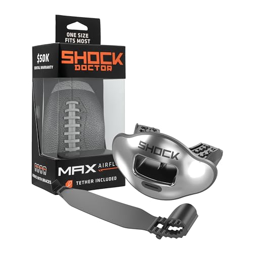 Shock Doctor Lip Guard, Adult and Youth Mouth Guard Football with Strap, Breathable Wide Opening Football Mouthpiece for Youth and Adults OSFA, Shock Doctor Mouth Guards, Max Airflow - color: Chrome Silver
