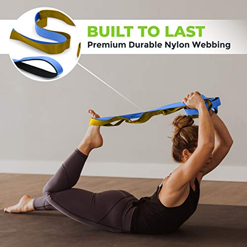 Stretching Strap for Physical Therapy, 12 Multi-Loop Stretch Strap 1.5" W x 8' L, Neoprene Handles, Physical Therapy Equipment, Yoga Straps for Stretching, Leg Stretcher. - color: Blue/Gold