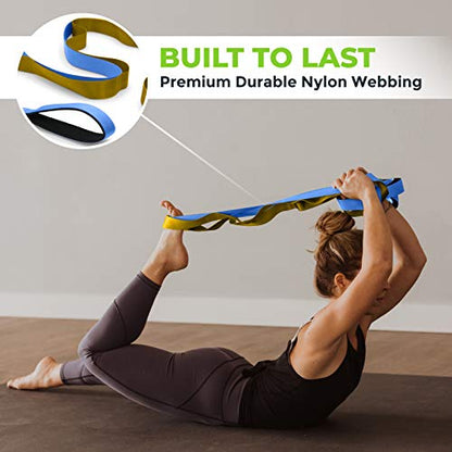 Stretching Strap for Physical Therapy, 12 Multi-Loop Stretch Strap 1.5" W x 8' L, Neoprene Handles, Physical Therapy Equipment, Yoga Straps for Stretching, Leg Stretcher. - color: Blue/Gold