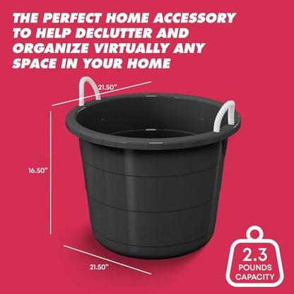 Flexible 17-Gallon Plastic Storage Tub with Rope Handles, Lightweight, Multi-Purpose, Black, 21.5x21.5x16.5 Inch, Indoor/Outdoor Use