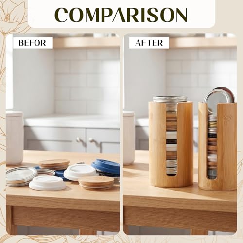 LemonRoad 4 Packs Mason Jar Lid Organizer Vertical Bamboo Storage Holder Fits Wide Mouth and Regular Mouth Mason Jar Accessories for Canning Lid Kitchen Rack Cabinet Organization (Single Sided Open) - style: Single Sided Open