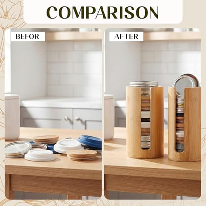 LemonRoad 4 Packs Mason Jar Lid Organizer Vertical Bamboo Storage Holder Fits Wide Mouth and Regular Mouth Mason Jar Accessories for Canning Lid Kitchen Rack Cabinet Organization (Single Sided Open) - style: Single Sided Open