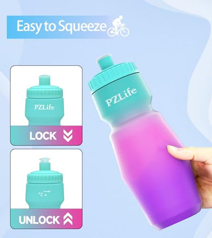 Bike Water Bottle, Squeeze Water Bottle Leakproof BPA Free 24oz | with Capacity Scale w/Pull Top Lid, Reusable, for Bicycle, Gym,Camping, Hiking - color: Green pink
