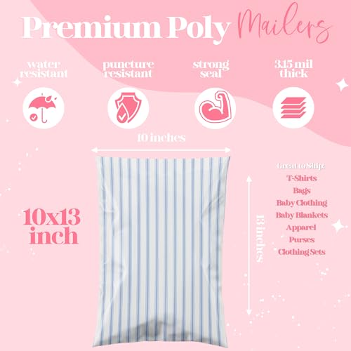 10x13 Designer Poly Mailer 100 Pack Heavy Duty Waterproof Self Seal Shipping Bags for Small Business Large Mailing Envelopes Bulk Tear Resistant Packaging Blue Stripes - color: Blue Stripes, size: 10x13