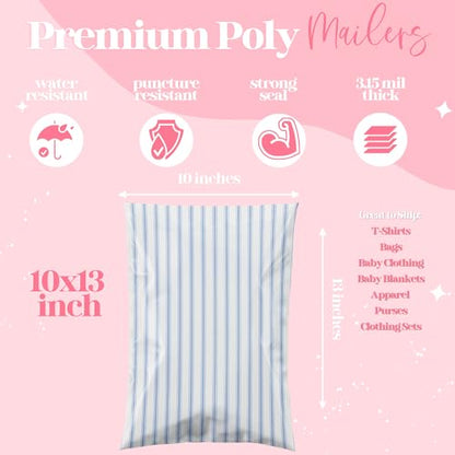 10x13 Designer Poly Mailer 100 Pack Heavy Duty Waterproof Self Seal Shipping Bags for Small Business Large Mailing Envelopes Bulk Tear Resistant Packaging Blue Stripes - color: Blue Stripes, size: 10x13