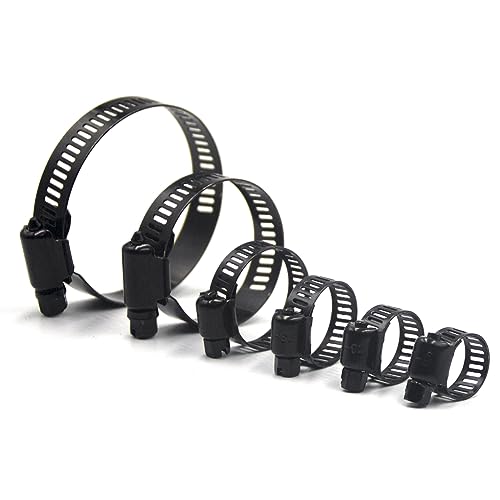 30pcs Black Hose Clamps 6-51mm(1/4"-2") Adjustable Range 304 Stainless Steel Worm Gear Hose Clamps 6 Sizes Assortment Kit for Plumbing, Automotive, Mechanical Applications (Black)