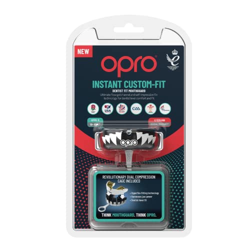 OPRO Instant Custom Fit Moldable Mouth Guard, Dentist Level, Adults & Kids - color: Black Jaws - Black/White/White, size: Adult (10+)