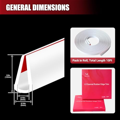Rubber Edge Trim, Flexible Baby Proof Edge Trim for Sharp Edge, 3/16"(5mm) U Channel Edge Protector, Self Adhesive Edge Guards for Plywood, Glass, Flexi-Glass, 10Ft, White, Silicone Material