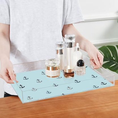 Acrylic Tray Clear Serving Vanity Ottoman Bathroom Coffee Table Countertop Organizer Raised Edge Spill Proof Nautical Anchors Blue - color: Nautical Anchors Blue