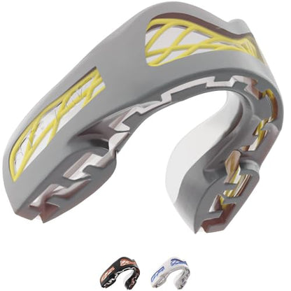 SAFEJAWZ Sports Mouth Guard Triple Layer Premium Protection with Shock-Cage | Adult 12+ Years, Grey Gum Shield with Case, Easy Fit Remouldable, Anti Gag, Rugby, Boxing, MMA, Hockey, Contact Sports - color: Grey
