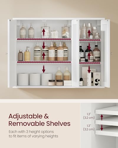 VASAGLE Siren Collection - Bathroom Wall Cabinet, Hanging Bathroom Storage Cabinet, for Medicines, Farmhouse, 4 Adjustable Shelves, 7.9 x 31.5 x 23.6 Inches, Cloud White UBBK350WB01S