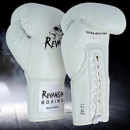 Revansh Prolace Cowhide Leather Boxing Gloves - Unisex, Professional Training & Sparring - Black and White - Sizes: 12 oz, 14 oz, 16 oz - color: White, size: 16 oz