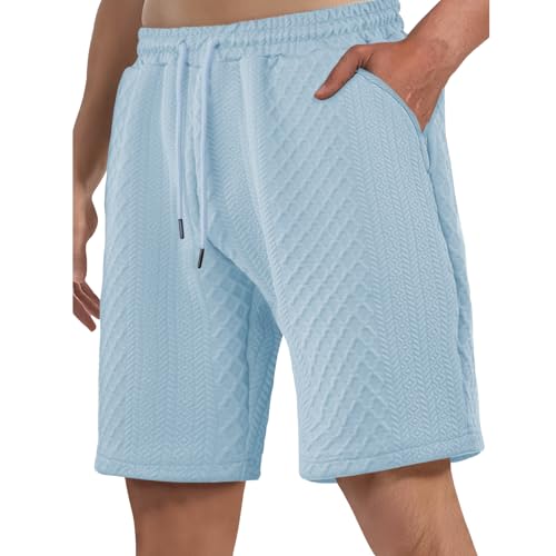 Men's Shorts Summer Casual 7 Inch Cable Knit Stretch Elastic Waist Drawstring Workout Gym Beach Shorts with Pockets - color: Light Blue, size: Small