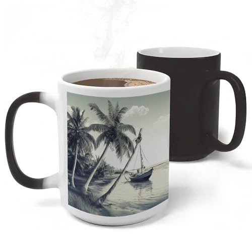 Palm Trees Fishing Boat Ceramic Color Changing Mug Heat Transforming Activated Mug 11 Oz Heat Changing Sensitive Tea Cup Magic Novelty Coffee Cup Drinkware Home Kitchen Gift