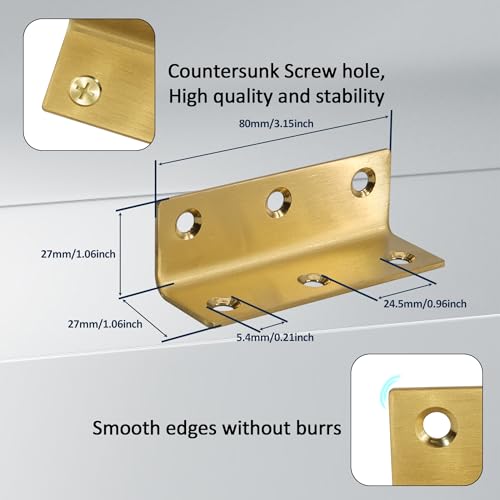 L Bracket, Heavy Duty Corner Brace, 10 Pack 3.2 Inch Stainless Steel Shelf Bracket Angle Bracket for Shelves, Gold Metal Braces for Wood, 80mm Overall Length - size: 3.2 Inch, style: Gold 10 Pack
