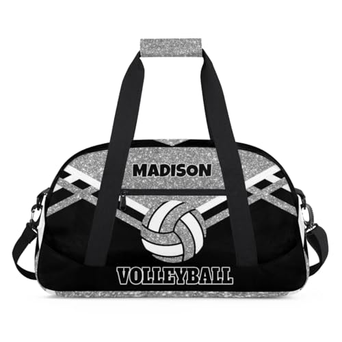 Custom Name Sports Volleyball Duffel Bag, Silver Black Glitters | Personalized Sport Gym Duffel Cheerleading Bag Travel Weekender Tote Carry-On Bag - color: Silver Black